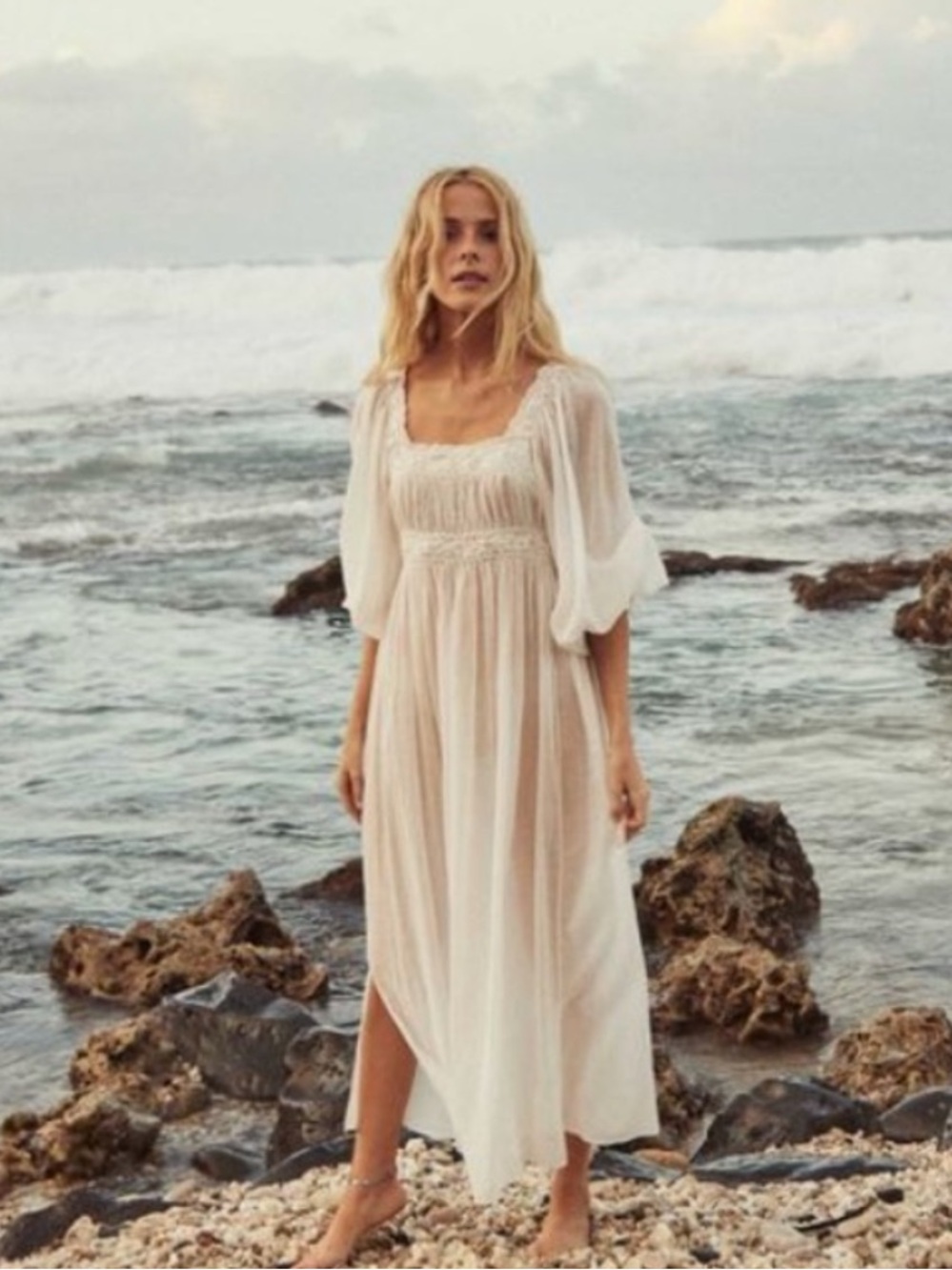 Doen Catrinette Salt White Flowy Sheer Maxi Dress Whimsy Boho Prairie Nightgown